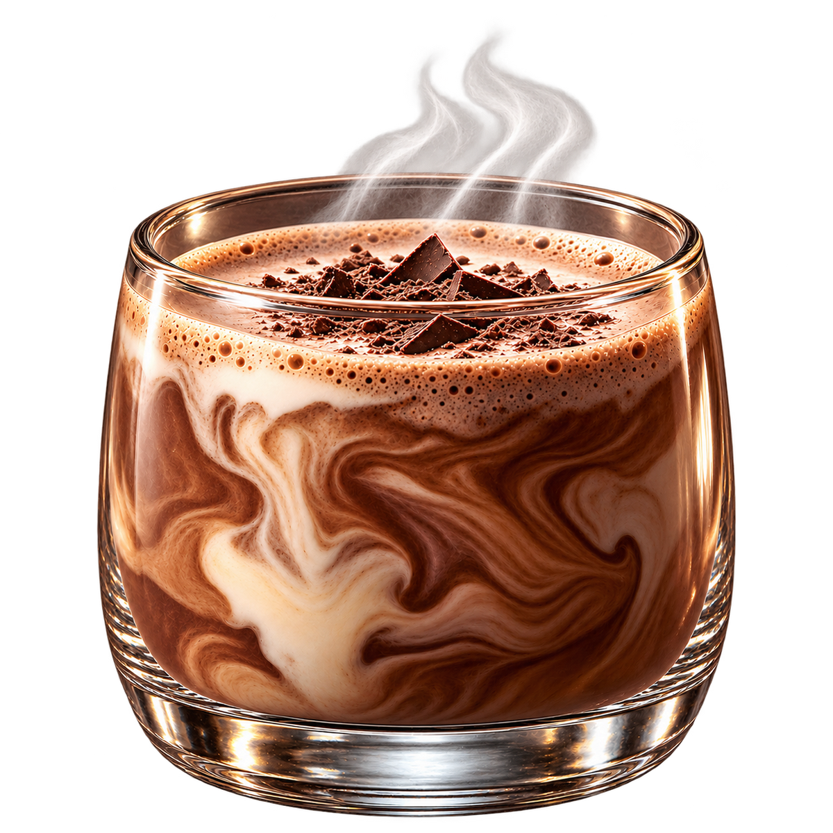 A glass of One Perfect Night Chocolate Truffle, swirled with milk