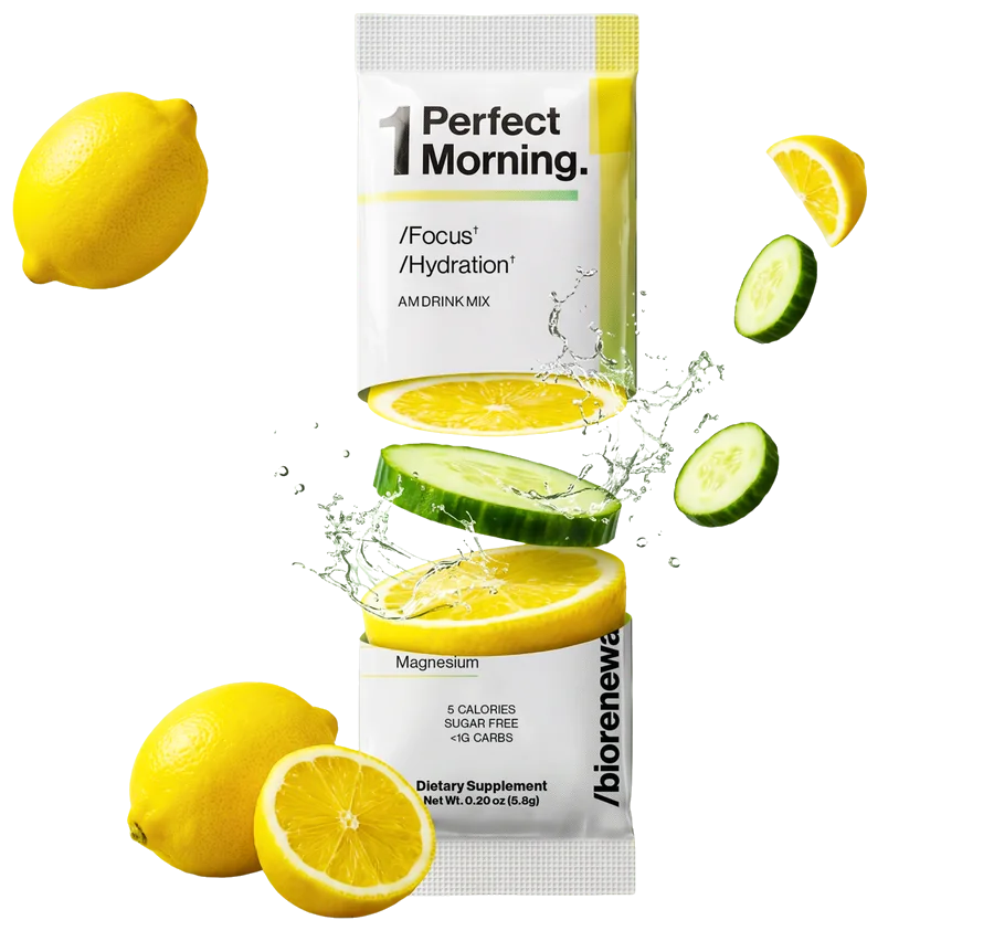One Perfect Morning Lemon Cucumber stick pack with lemons, cucumber slices and a splash of water