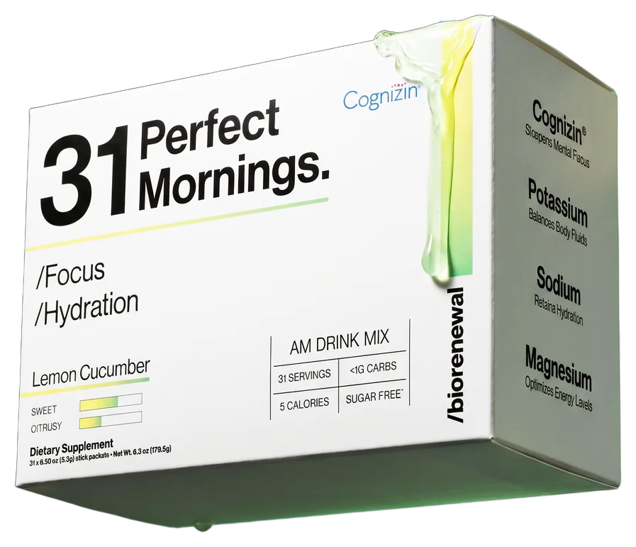 31 Perfect Mornings Lemon Cucumber box with a glass of the drink