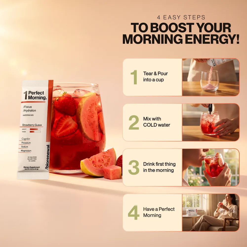 4 easy steps: tear and pour, mix with cold water, drink first thing, have a perfect morning