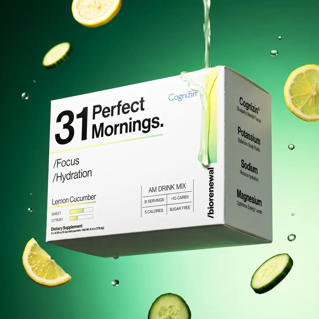 31 Perfect Mornings Lemon Cucumber box with the drink pouring over it, lemon and cucumber slices floating around