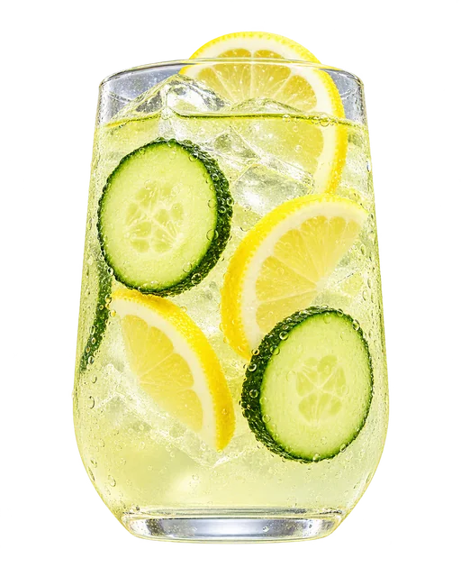 Glass of One Perfect Morning Lemon Cucumber over ice with lemon and cucumber slices