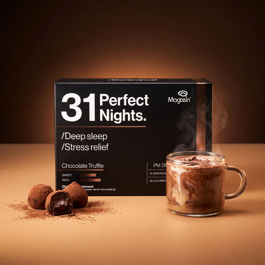 31 Perfect Nights box with a swirled chocolate drink and truffles