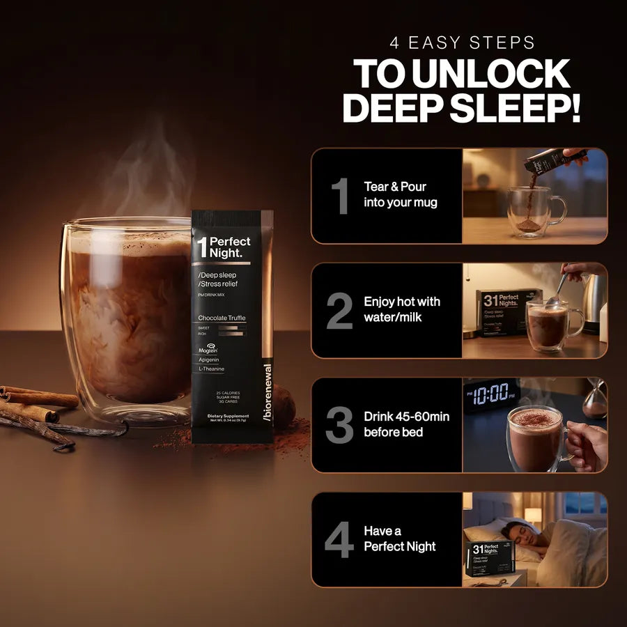 4 easy steps to unlock deep sleep: tear and pour, enjoy hot, drink 45 to 60 minutes before bed, have a perfect night